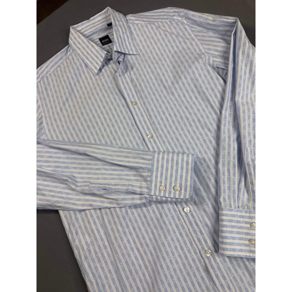 Hugo Boss Regular Fit Shirt Mens Large Blue White Stripe Floral Cotton L/S